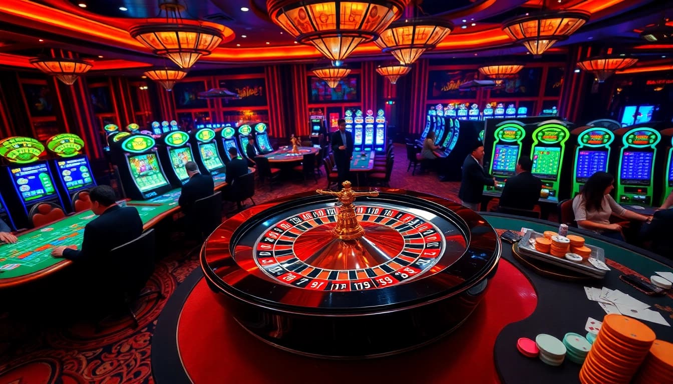 Players excitedly wager at rr 88 casino tables featuring roulette, poker chips, and slot machines.