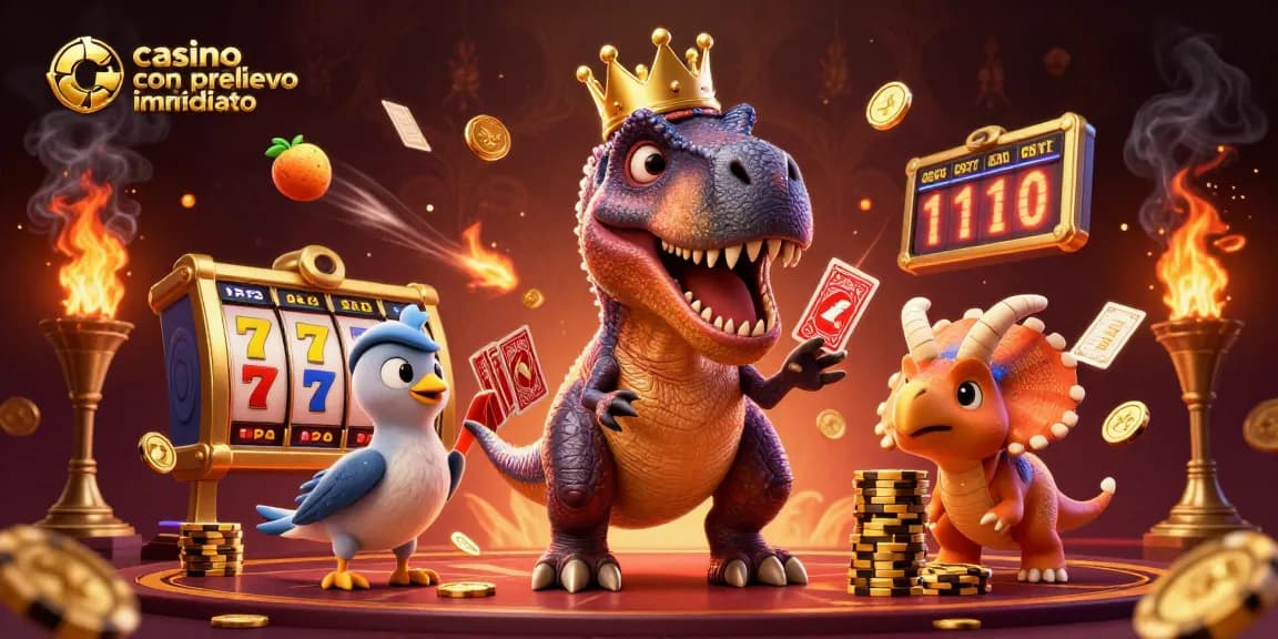 Casino con prelievo immediato: un'immagine di dinosauri giocando a casino con slot machine e gettoni d'oro.