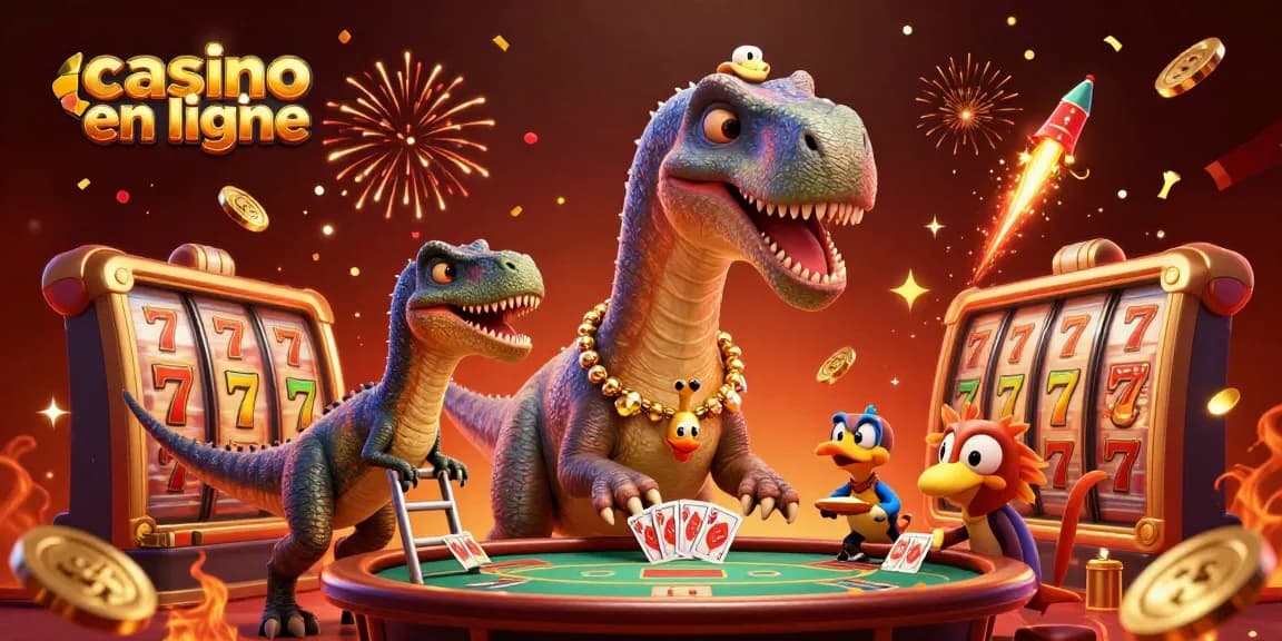 Jouer au casino en ligne avec une illustration dynamique d'un brontosaurus et un croupier raptor, entouré de jets de feux d'artifice.