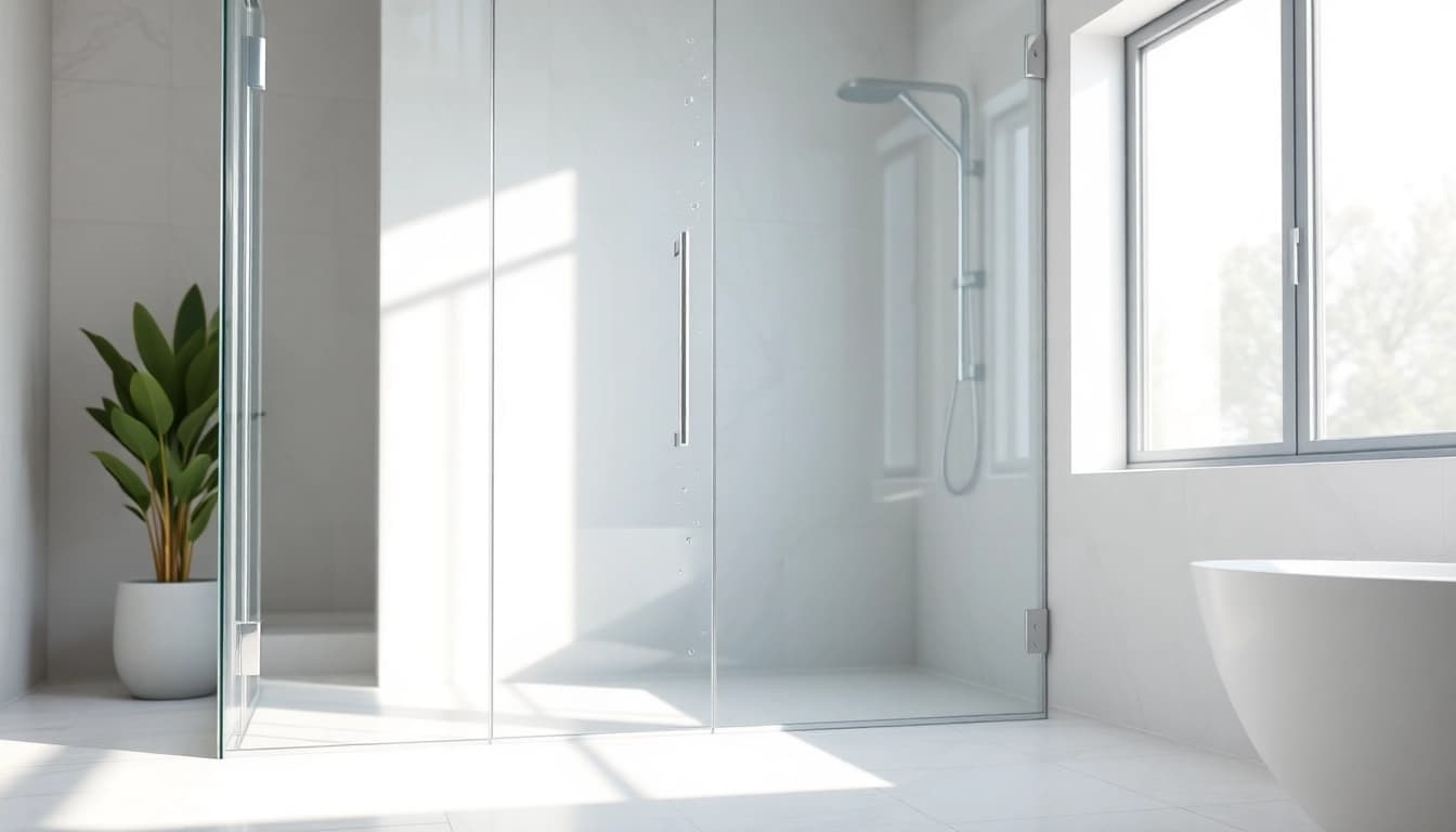Admire the elegant glass shower doors with water droplets enhancing the sleek design.