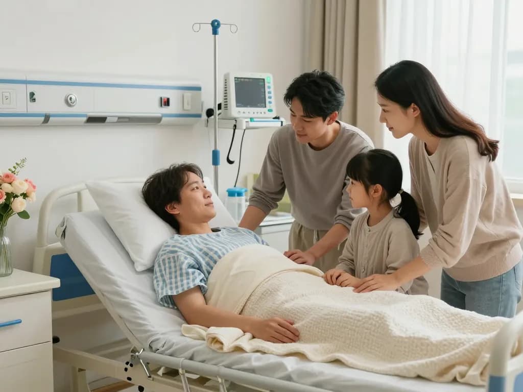 Patient resting on a giường bệnh nhân in a warm hospital room, surrounded by caring family members.