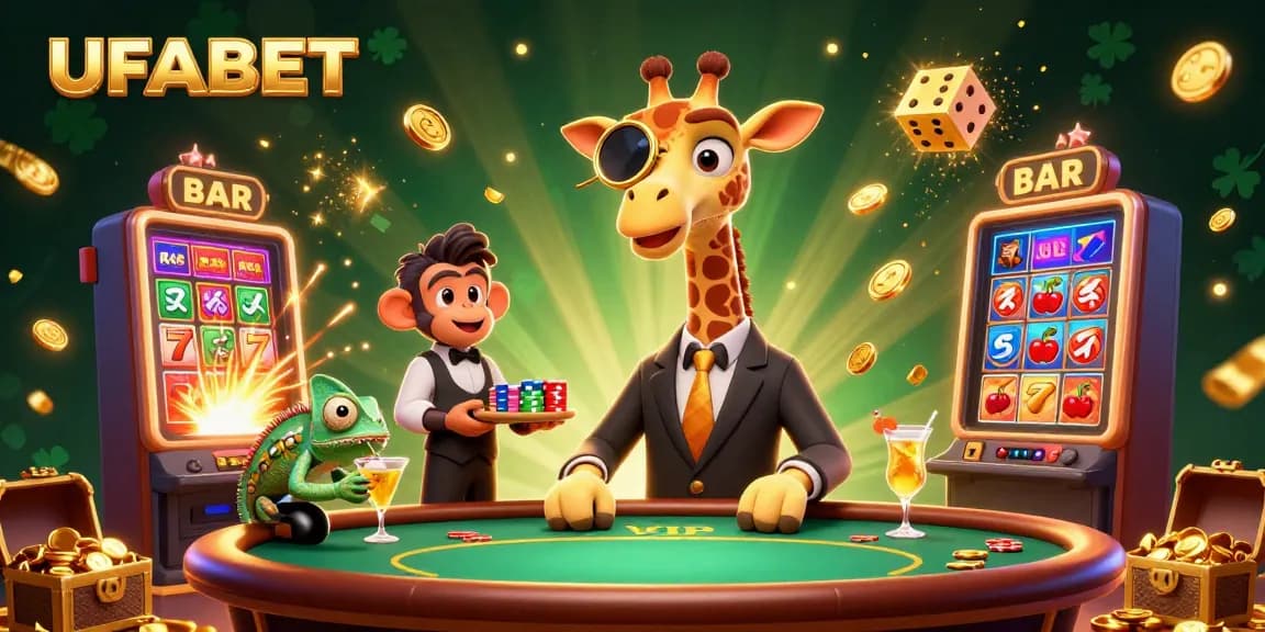 Join the UFABET fun with a high-roller giraffe and vibrant casino elements in a dynamic 3D scene!
