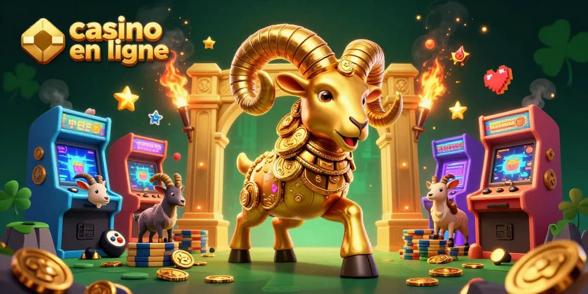 Les jeux de casino en ligne prennent vie avec un bélier doré et des machines lumineuses.