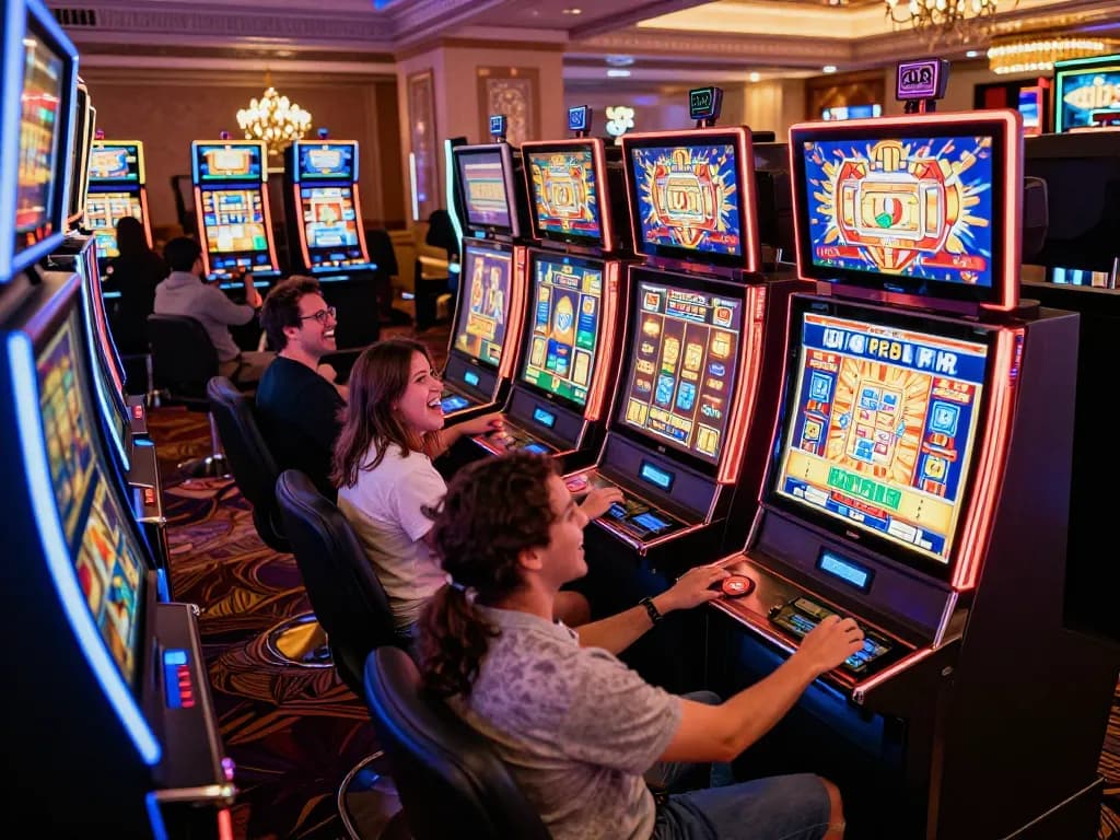 Players enjoying link slot machines in a vibrant casino atmosphere, showcasing excitement and engagement.