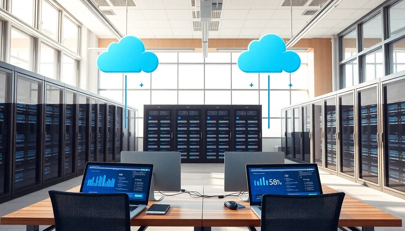Visual representation of Hybrid Cloud Solutions emphasizing integration of public and private cloud systems.