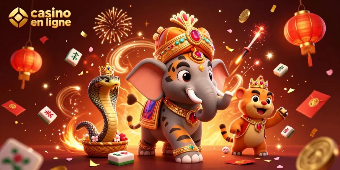 Profitez des jeux de casino en ligne avec cette scène dynamique et colorée, incluant un tigre maharaja et des éléments festifs.