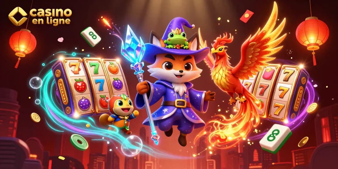 Jouez au casino en ligne avec un renard sorcier et un phœnix dans une scène riche en couleurs.