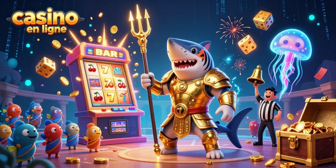 Obtenez vos gains au casino en ligne avec un requin tigre en armure découvrant des jackpots au fond de l'océan.