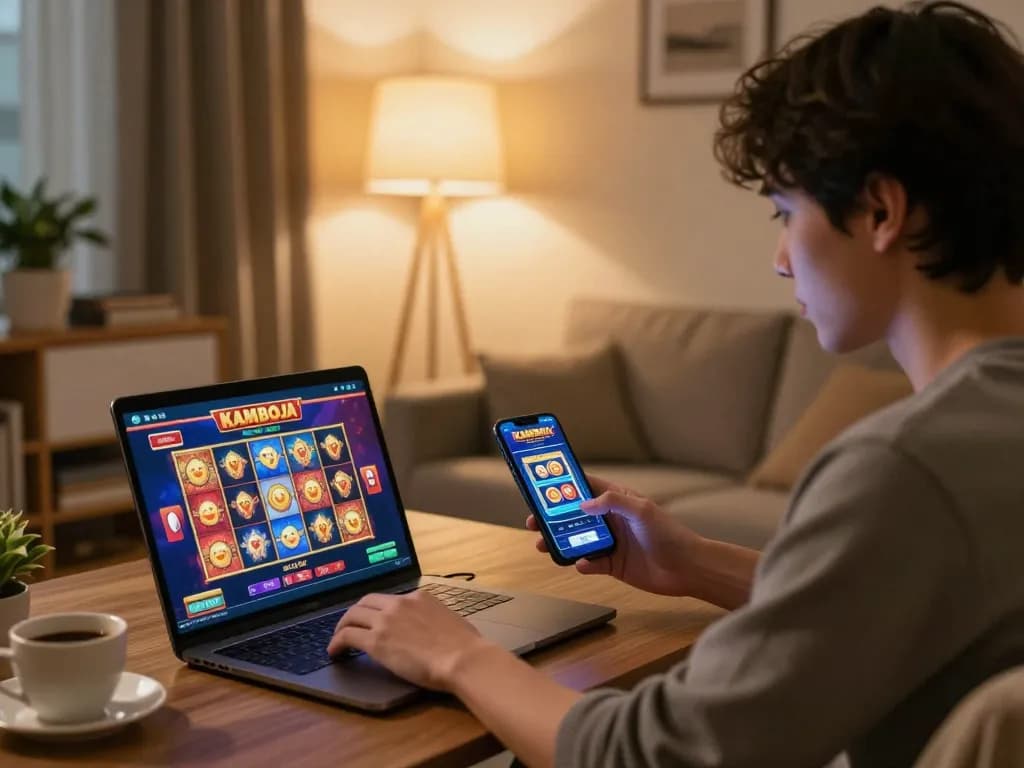 Engaging user analyzing link slot kamboja gameplay interface in a cozy home setting