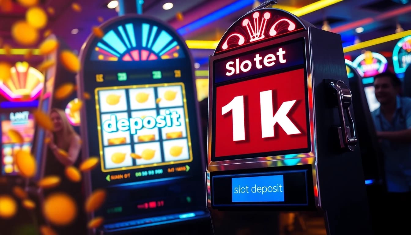 Menangkan slot deposit 1k dengan mesin slot penuh warna dan pemain bersemangat di latar belakang.