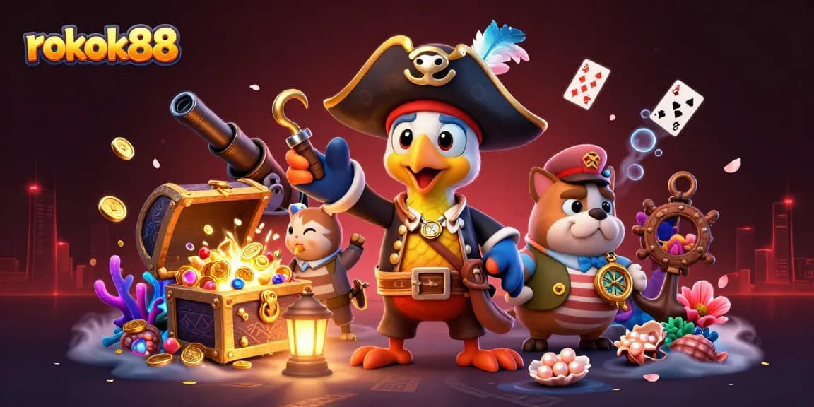 Experience the excitement of rokok88 games with vibrant characters, treasure, and thrilling casino elements.