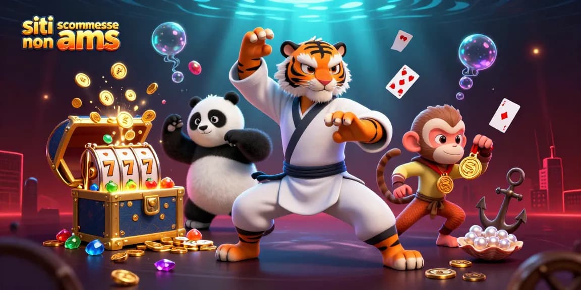 Scommettere nei siti scommesse non AAMS: un maestro di kung fu tigre e discepoli circondati da simboli di vincita e tesori