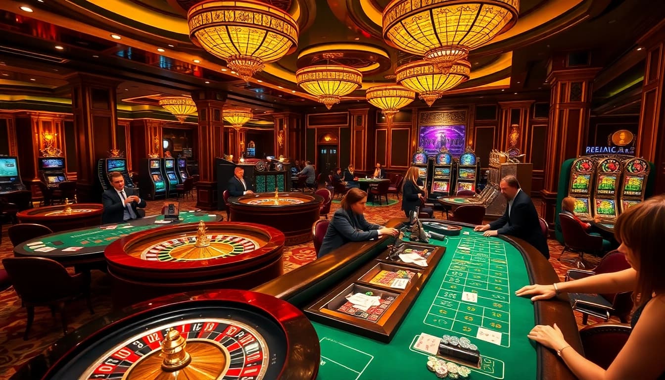 Zonafilm players enjoying an immersive experience at a luxurious casino table with vibrant gaming elements.