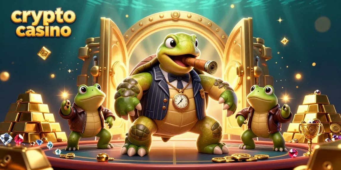 Visuel captivant d'un casino crypto avec une tortue massive et des grenouilles, entouré de trésors scintillants.