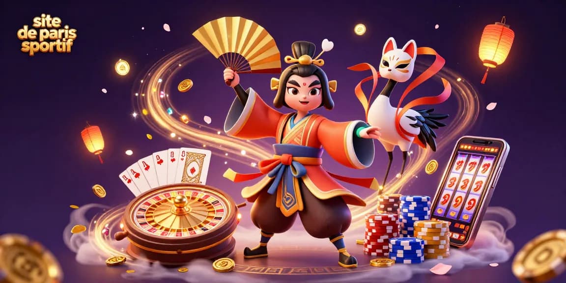 Illustration d'un site de paris sportif avec un guerrier kabuki, des pièces dorées et des effets de roulette.