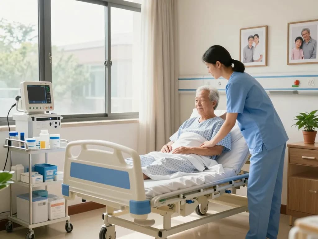 Dynamic scene showing a caregiver adjusting a giường bệnh nhân for an elderly patient, highlighting compassionate healthcare.