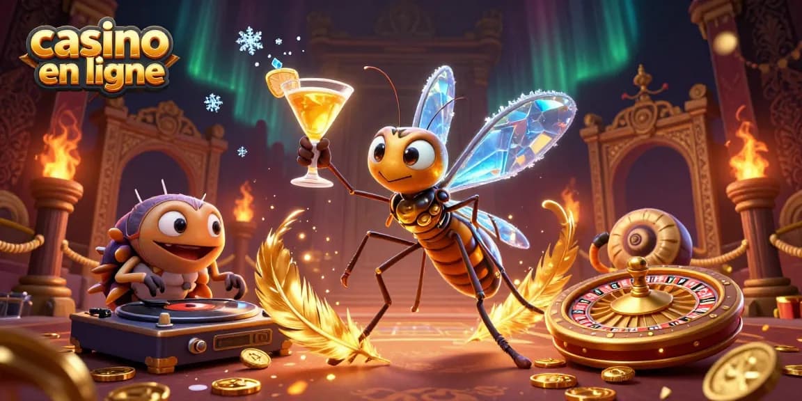 Casino en ligne avec une illustration dynamique de mascottes de casino et éléments de jeux d'argent.