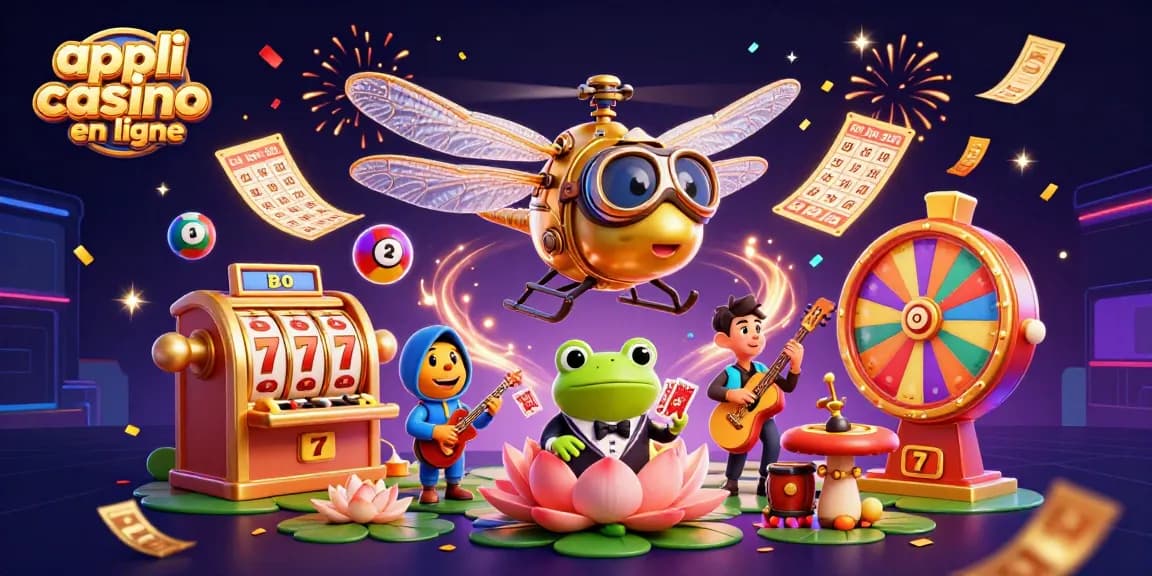 Profitez de l'application de casino en ligne avec un pilote de libellule et un croupier grenouille au casino.