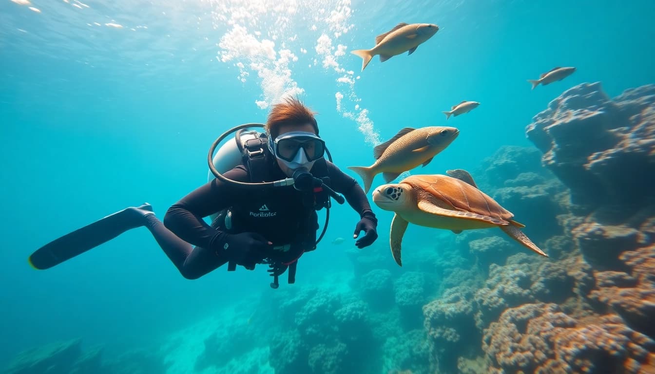 Erfahrene Taucher bei SSI Spezialkurse unter Wasser, umgeben von lebhaften Korallen und Meerestieren.