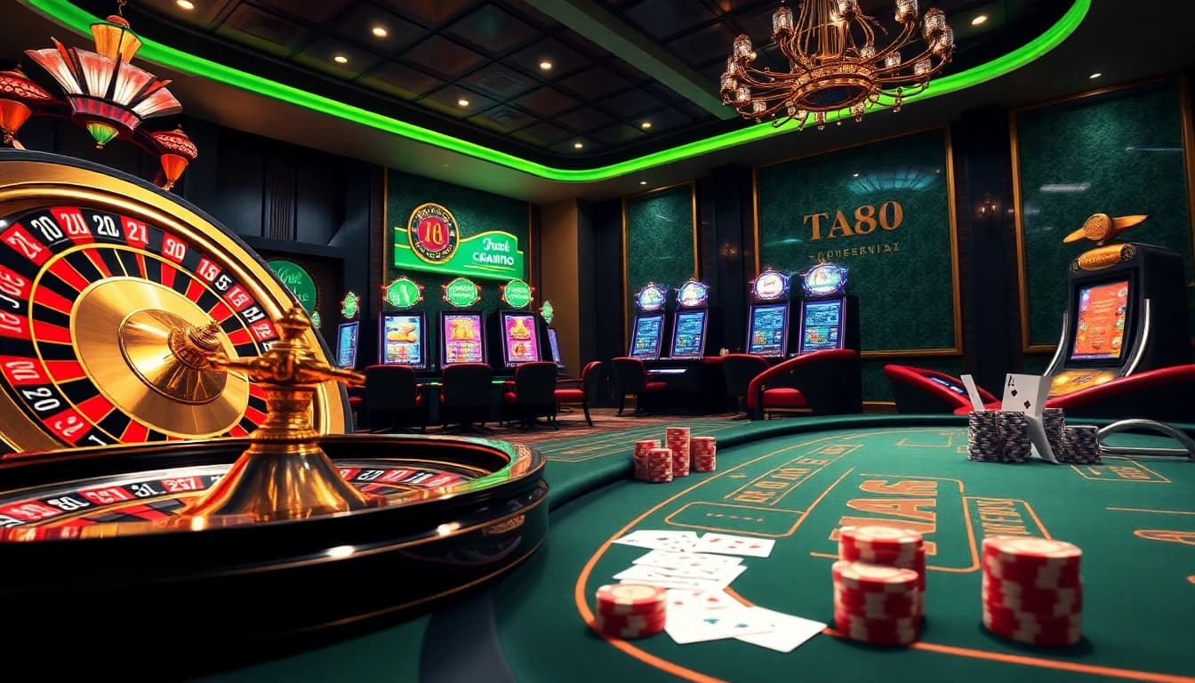 Experience thrilling online gambling with TA88, featuring vibrant slot machines and roulette wheels.