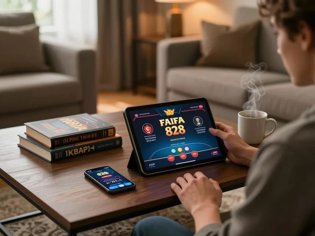 FAFA 828 poker gameplay on tablet in a cozy home setting with strategic elements.