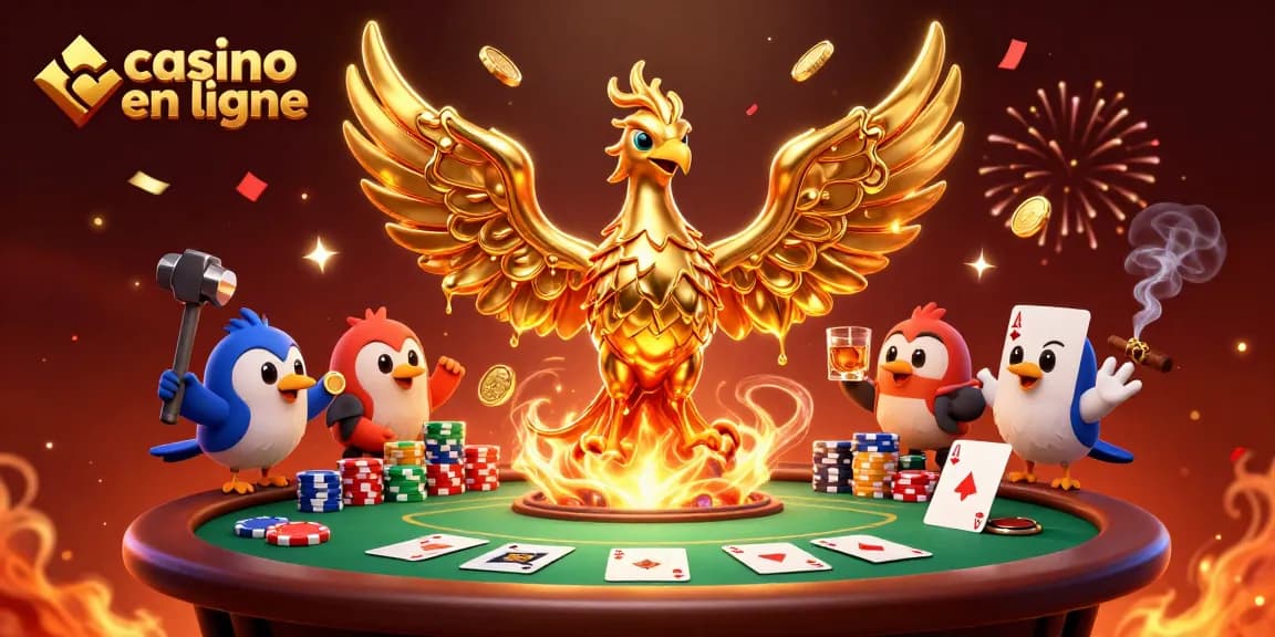 Accédez au monde fascinant du casino en ligne avec un phoenix doré et des éléments de poker.