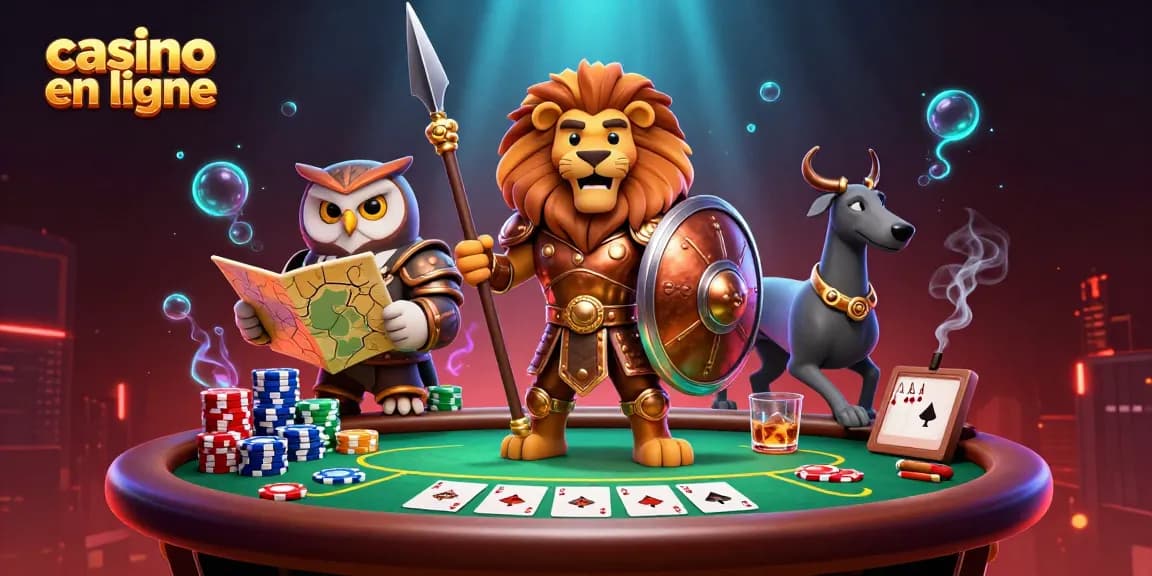 Des personnages dynamiques représentant un casino en ligne avec des jeux de poker captivants.