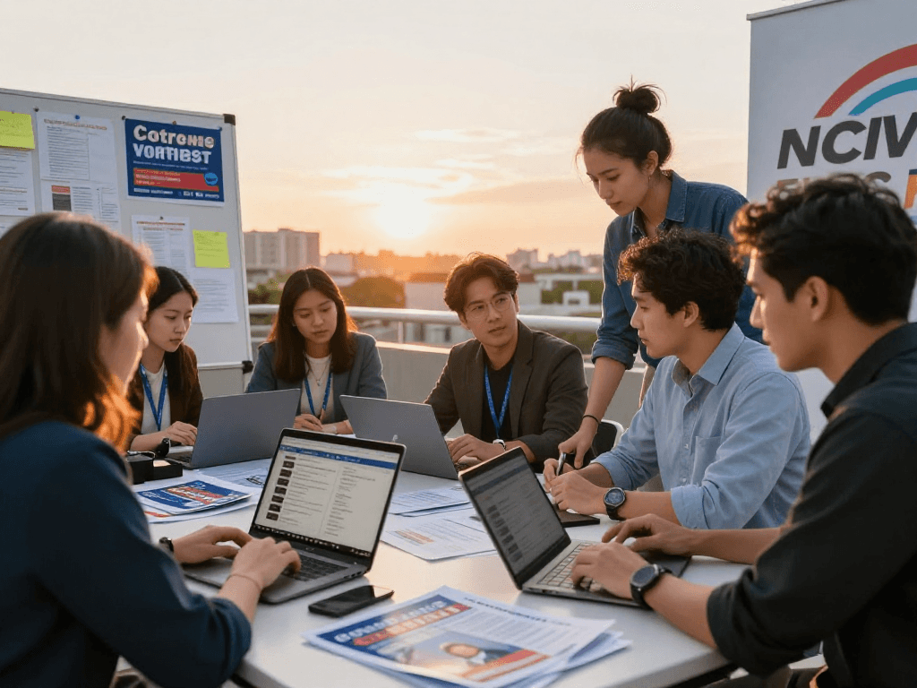 Campaign attribution tracking discussion among diverse political strategists in a vibrant outdoor setting.