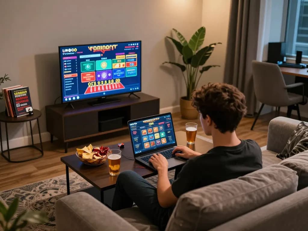 Engaging in online gameplay at casino non aams legali from a cozy home setup, showcasing laptop interface.