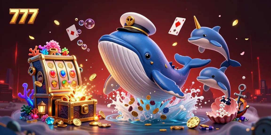 Engage with 777 casino fun as a whale captain breaks through coins, with slot elements in a vibrant scene.