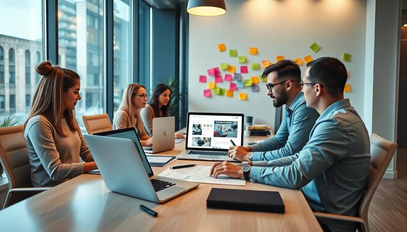 Werbeagentur team collaborating on innovative web design projects in a modern office.