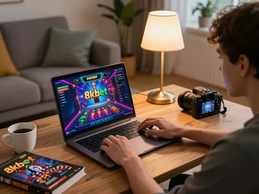 Playful moment of a user engaging with 8kbet on a laptop, showcasing an inviting online gaming atmosphere.
