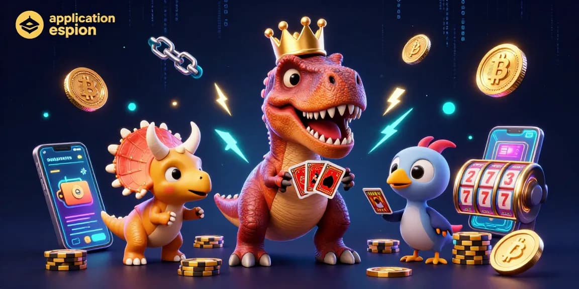 Application espion : un T-Rex jouant aux cartes avec des pièces d'or dans un casino futuriste.