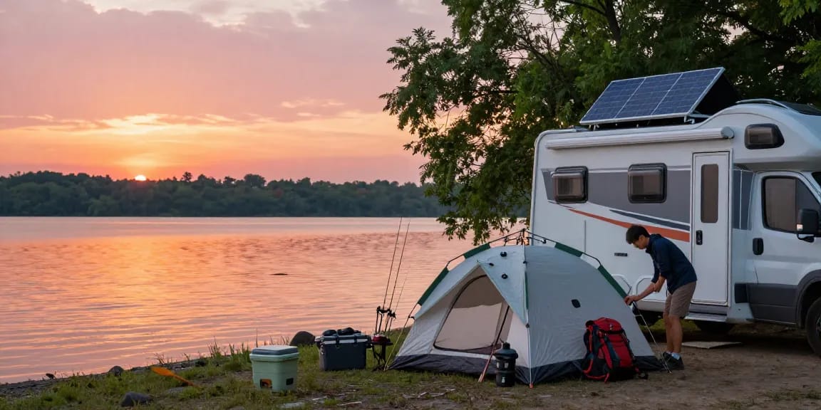 Flexible Solar Panel charging devices at a lakeside camping setup with RV and tents