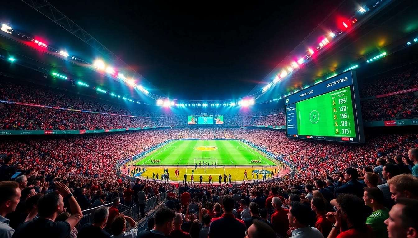 Kèo nhà cái showcased in a vibrant stadium scene during live betting, reflecting excitement and real-time odds.