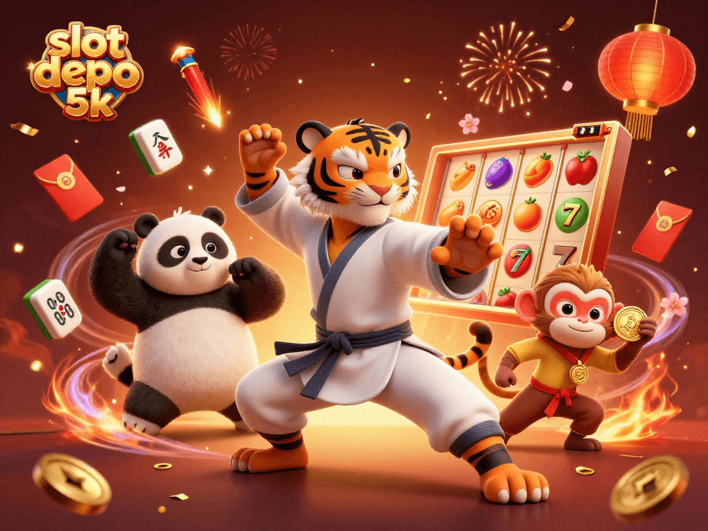 Engage with the excitement of slot depo 5k as a kung fu tiger master showcases winning reels amidst festive elements.