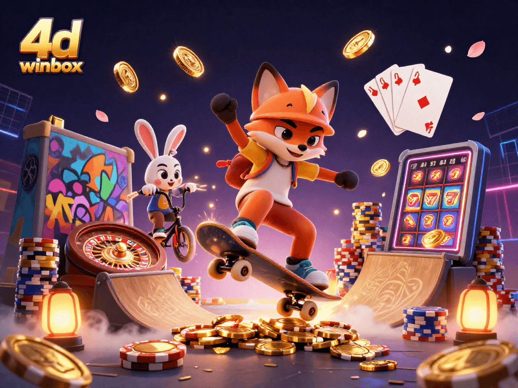 Experience thrilling gameplay with 4d winbox as the fox skateboards through a vibrant casino world.