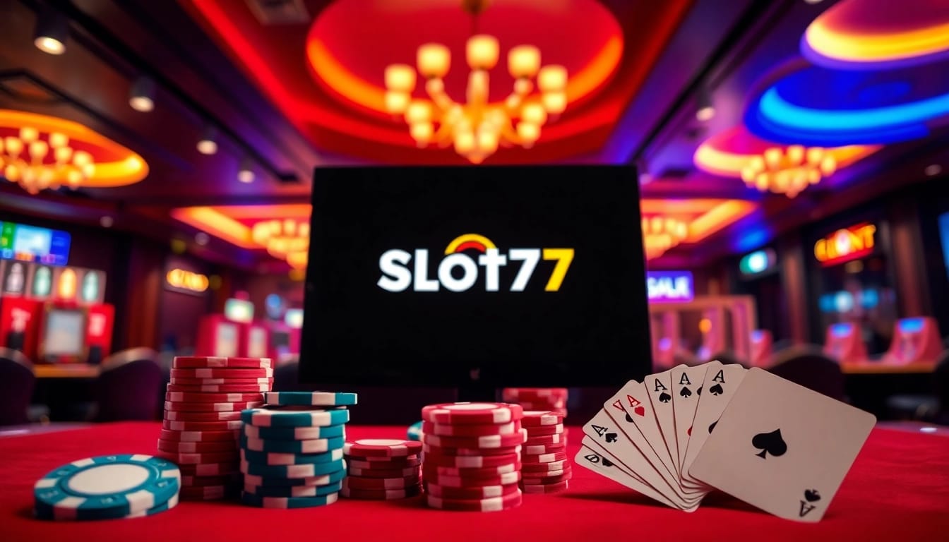 Menampilkan aksi menarik Slot77 dengan tumpukan chip dan kartu dalam suasana kasino yang mendebarkan.