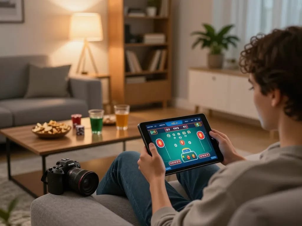 Engaged player at home using tablet for casino online stranieri sicuri gaming with poker interface visible.