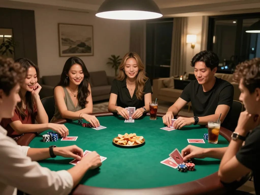 Suasana malam poker di rumah yang menarik dengan teman-teman bermain daftar poker online dalam suasana meriah dan minuman