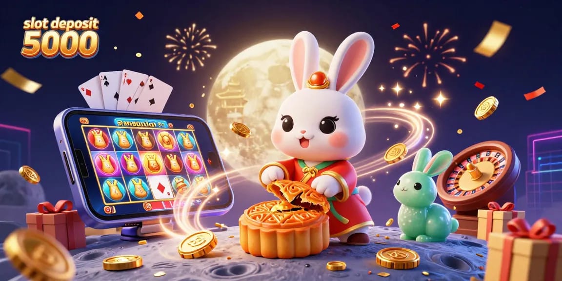 Engage with thrilling slot deposit 5000 games, showcasing a cartoon moon rabbit celebrating jackpot wins amidst casino excitement.