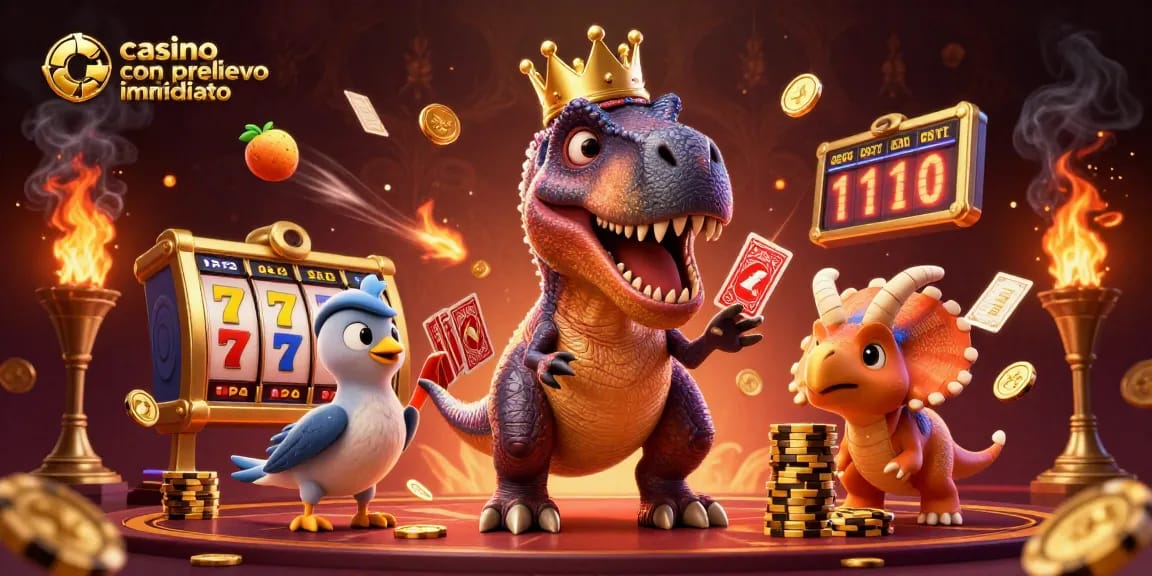 Casino con prelievo immediato: un'immagine di dinosauri giocando a casino con slot machine e gettoni d'oro.