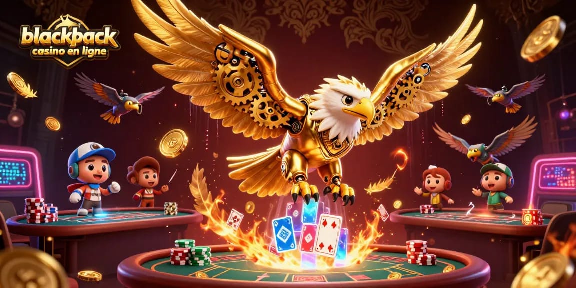 Jouez au blackjack casino en ligne avec cette illustration dynamique et luxueuse, illustrant des cartes holographiques et des jetons d'or.