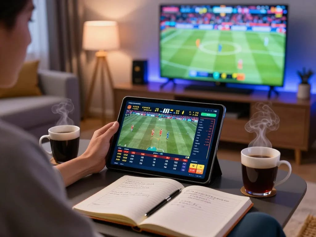 The hidden wiki online sports betting scene with a user analyzing live game odds on a tablet in a cozy home environment