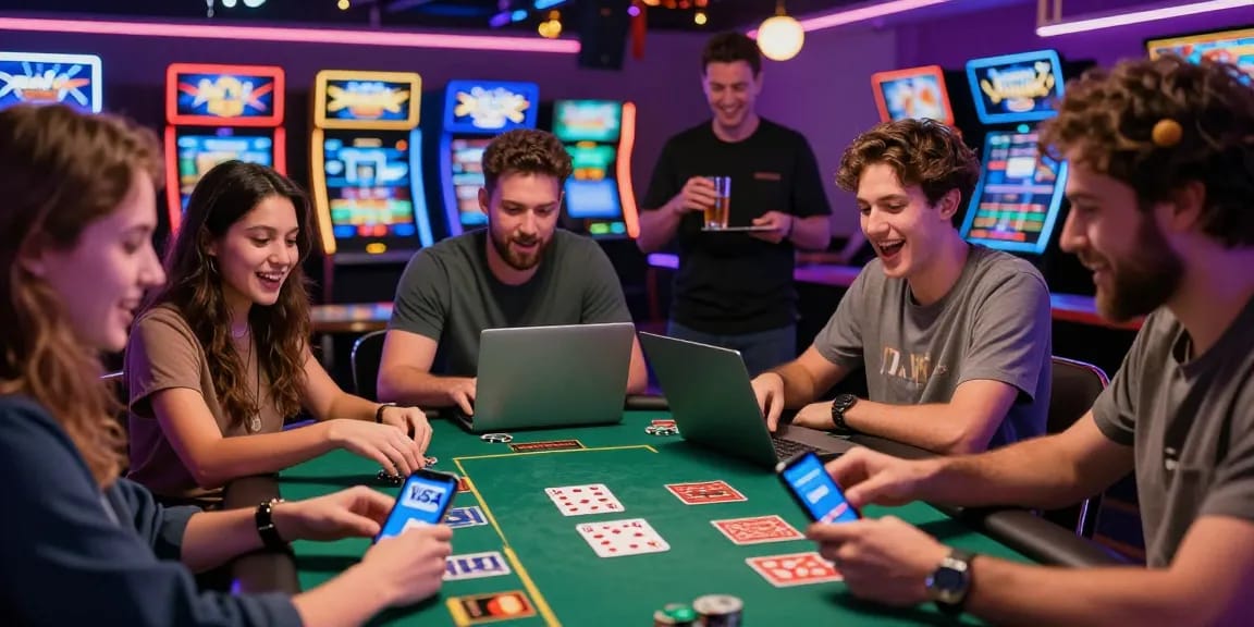 Credit card casino scene at https://maic.org.uk showcasing friends playing games with laptops and vibrant decor.