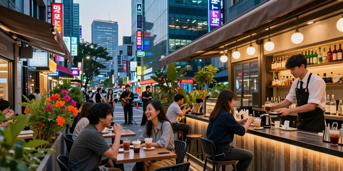 강남 달토에서 사람들이 즐기는 카페 풍경, 활기찬 저녁의 도시 분위기