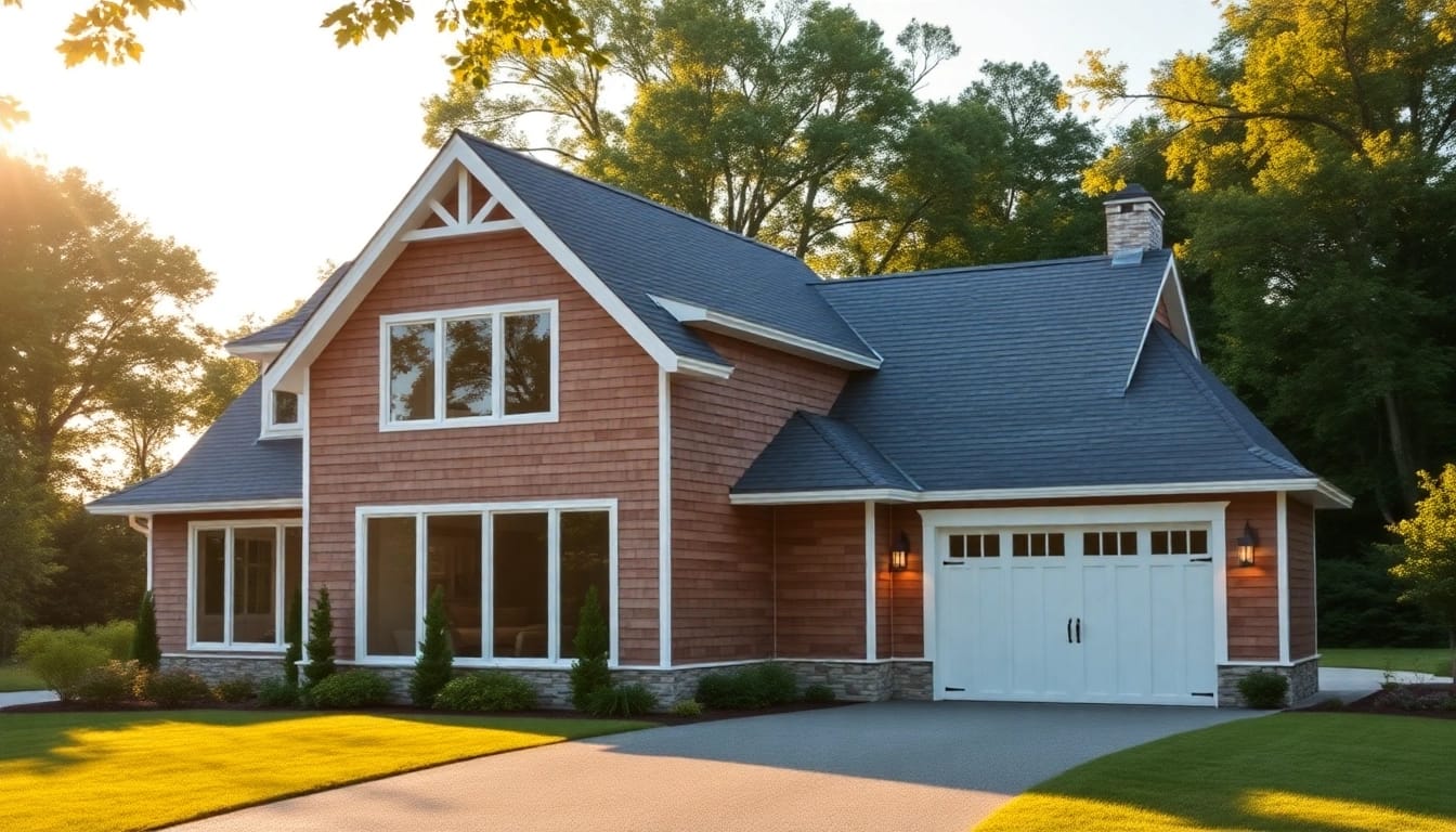 Cape Cod home addition featuring an attached garage with elegant design and natural surroundings.