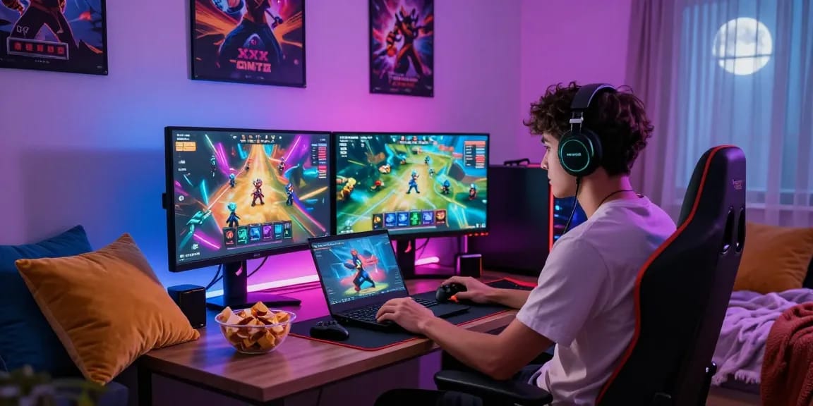 Gamer enjoying immersive xxx games experience in a colorful bedroom setup.