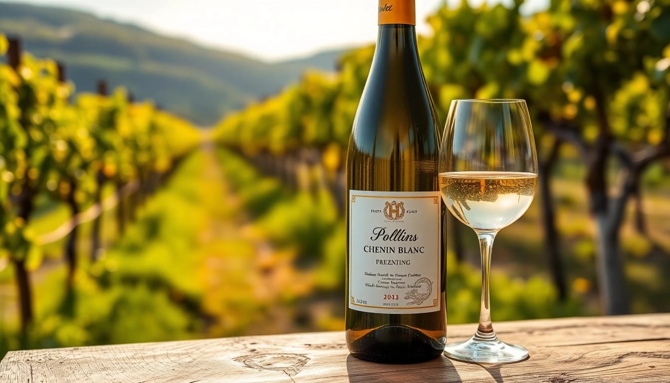Showcase of Chenin Blanc wine bottle with glass in a vineyard setting, highlighting its elegance.