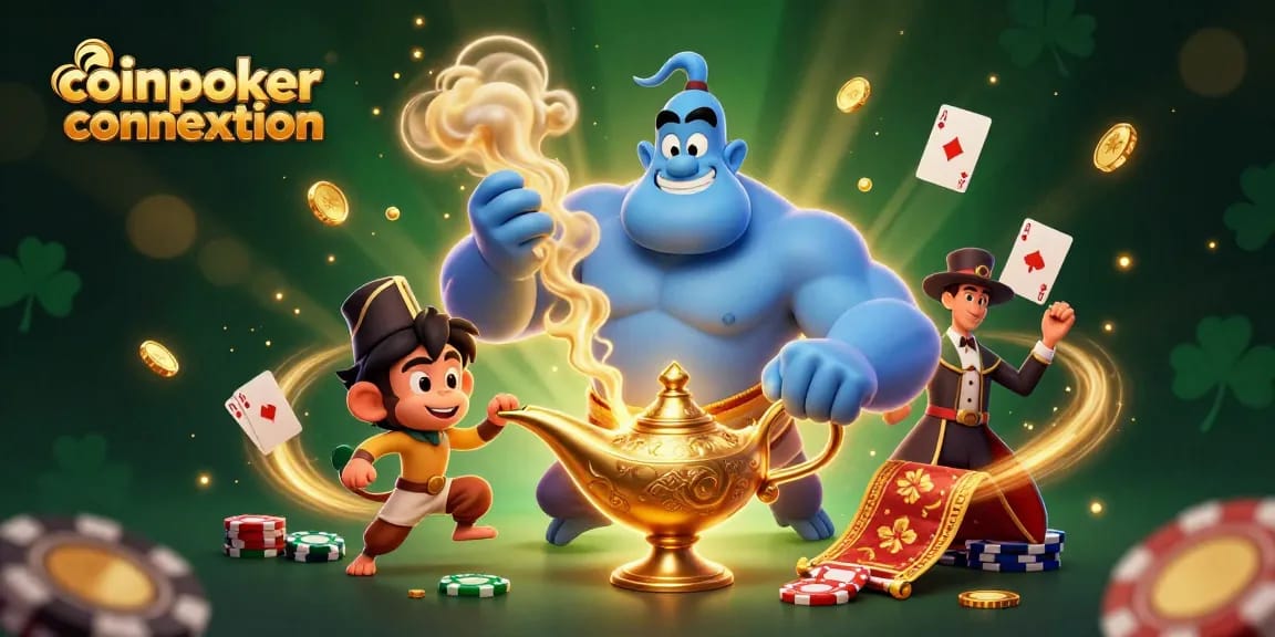 Connexion à CoinPoker avec des personnages de jeux de casino et des éléments de poker dynamiques.